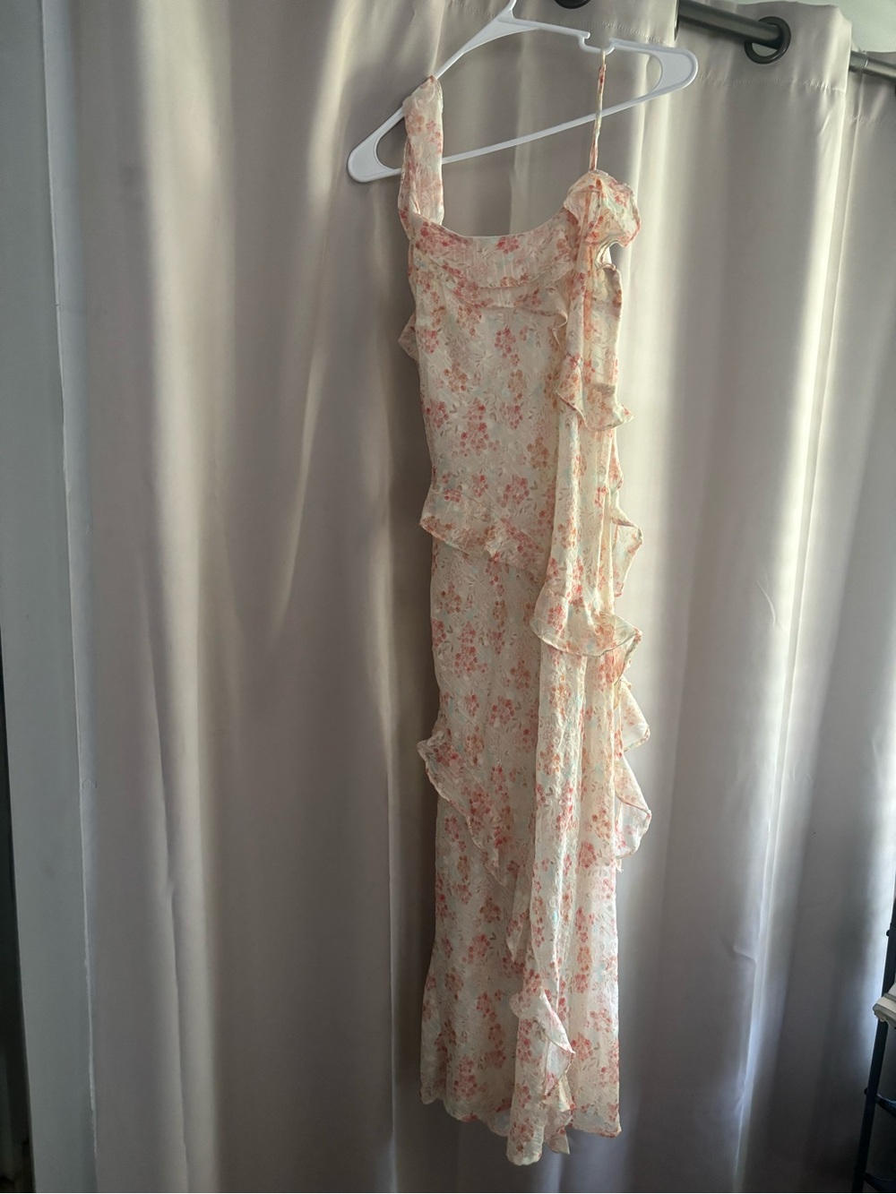 Storia Cream Maxi Dress with Pink Floral Ruffle